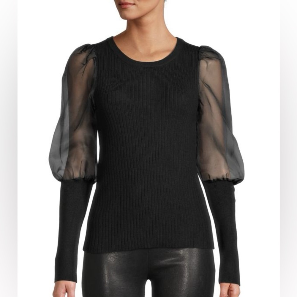 Anthropologie Black Puff Sleeve Ribbed Blouse